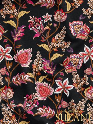 Siyah Zemin Çiçek Desenli Dijital Baskılı Kumaş