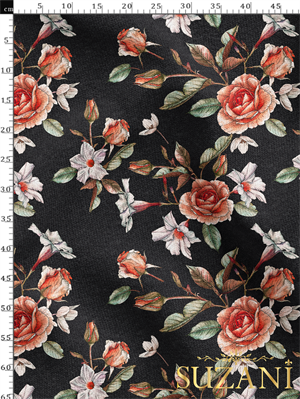 Siyah Zemin Klasik Gül Desenli Dijital Baskılı Kumaş