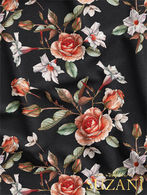 Siyah Zemin Klasik Gül Desenli Dijital Baskılı Kumaş