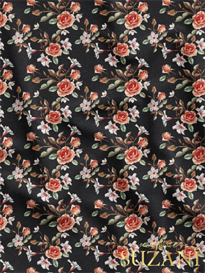 Siyah Zemin Klasik Gül Desenli Dijital Baskılı Kumaş