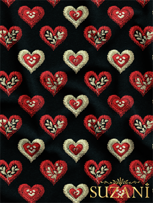 Siyah Zemin Nakış Efektli Çiçekli Kalp Desenli Dijital Baskılı Kumaş