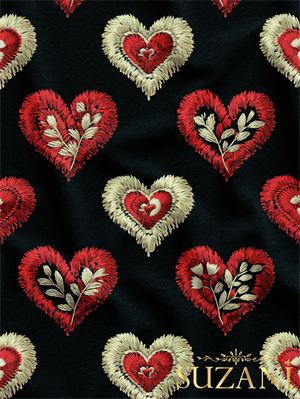 Siyah Zemin Nakış Efektli Çiçekli Kalp Desenli Dijital Baskılı Kumaş
