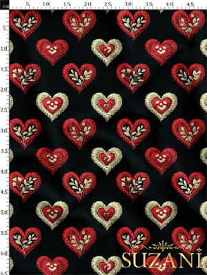 Siyah Zemin Nakış Efektli Çiçekli Kalp Desenli Dijital Baskılı Kumaş