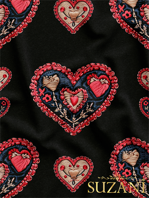 Siyah Zemin Nakış Efektli Kalp Desenli Dijital Baskılı Kumaş