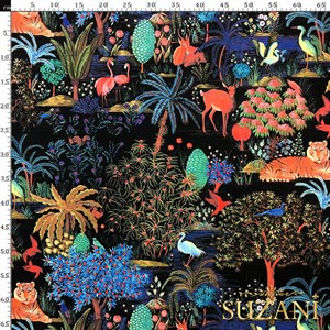 Siyah Zemin Orman Desenli Dijital Baskılı Kumaş