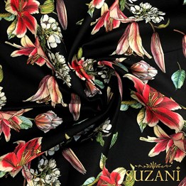 Siyah Zemin Zambak Desenli Kumaş Dijital Baskılı Kumaş