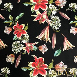 Siyah Zemin Zambak Desenli Kumaş Dijital Baskılı Kumaş