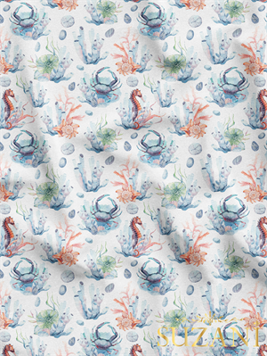 Su Altı Canlıları Desenli Dijital Baskılı Kumaş