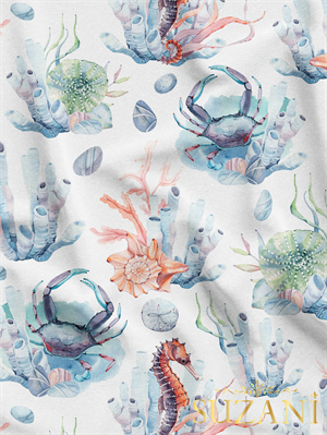 Su Altı Canlıları Desenli Dijital Baskılı Kumaş