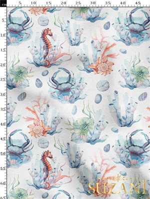 Su Altı Canlıları Desenli Dijital Baskılı Kumaş