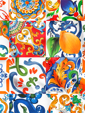 Sulu Boya Çini Desenli Dijital Baskılı Kumaş