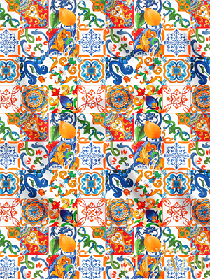 Sulu Boya Çini Desenli Dijital Baskılı Kumaş