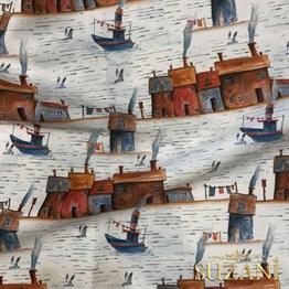 Suluboya Ev Desenli Dijital Baskılı Kumaş