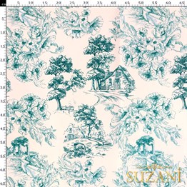 Toile de Jouy Stil Kır Evleri Desenli Dijital Baskılı Kumaş (Turkuaz)