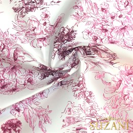 Toile de Jouy Stil Kır Evleri Desenli Dijital Baskılı Kumaş (Pembe)