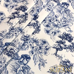 Toile de Jouy Stil Kır Evleri Desenli Dijital Baskılı Kumaş (Lacivert)