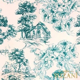 Toile de Jouy Stil Kır Evleri Desenli Dijital Baskılı Kumaş (Turkuaz)