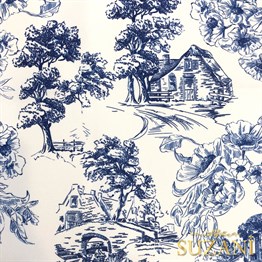 Toile de Jouy Stil Kır Evleri Desenli Dijital Baskılı Kumaş (Lacivert)