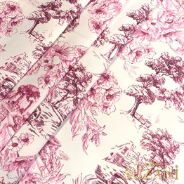 Toile de Jouy Stil Kır Evleri Desenli Dijital Baskılı Kumaş (Pembe)
