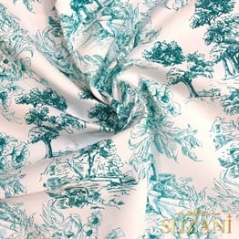 Toile de Jouy Stil Kır Evleri Desenli Dijital Baskılı Kumaş (Turkuaz)