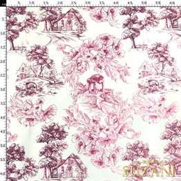 Toile de Jouy Stil Kır Evleri Desenli Dijital Baskılı Kumaş (Pembe)