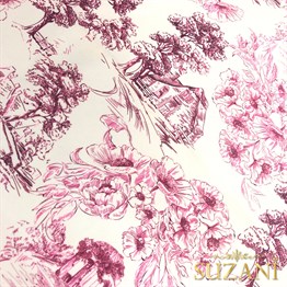Toile de Jouy Stil Kır Evleri Desenli Dijital Baskılı Kumaş (Pembe)
