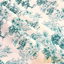 Toile de Jouy Stil Kır Evleri Desenli Dijital Baskılı Kumaş (Turkuaz)