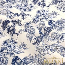 Toile de Jouy Stil Kır Evleri Desenli Dijital Baskılı Kumaş (Lacivert)