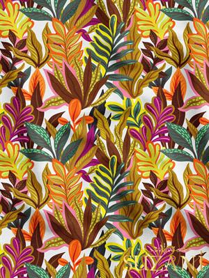 Tropik Yaprak Beyaz Zemin Desenli Dijital Baskılı Kumaş