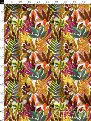 Tropik Yaprak Beyaz Zemin Desenli Dijital Baskılı Kumaş