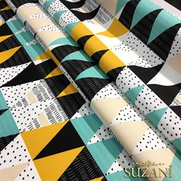 Turkuaz Sarı Üçgenler Desenli Kumaş