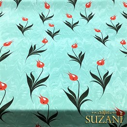 Turkuaz Zemin Ebru Sanatı Lale Desenli Kumaş