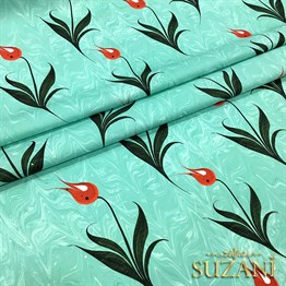 Turkuaz Zemin Ebru Sanatı Lale Desenli Kumaş