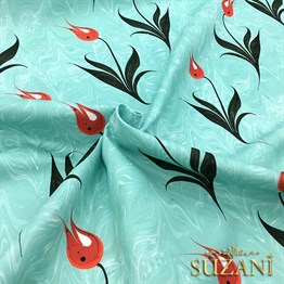 Turkuaz Zemin Ebru Sanatı Lale Desenli Kumaş