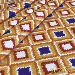 Turuncu Lacivert İkat Desenli Dijital Baskılı Kumaş