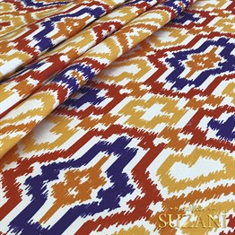 Turuncu Lacivert İkat Desenli Dijital Baskılı Kumaş