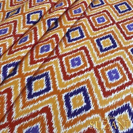 Turuncu Lacivert İkat Desenli Dijital Baskılı Kumaş