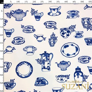 Vintage Bleu Blanc Desenli Dijital Baskılı Kumaş