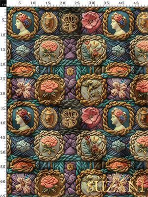 Vintage Çiçek ve Kadın Desenli Dijital Baskılı Kumaş