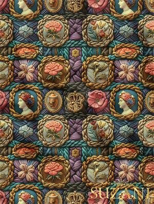 Vintage Çiçek ve Kadın Desenli Dijital Baskılı Kumaş