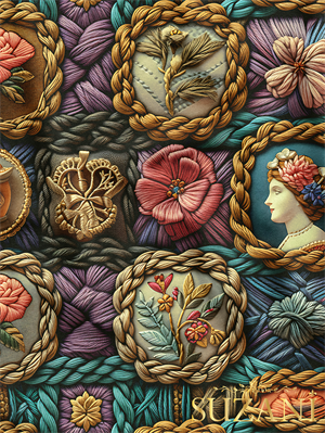 Vintage Çiçek ve Kadın Desenli Dijital Baskılı Kumaş