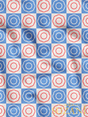 Vintage Çivit Mavi Renkli Çiçek Damalı Desenli Dijital Baskılı Kumaş