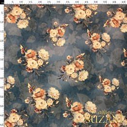 Vintage Düğün Çiçeği Desenli Dijital Baskılı Kumaş