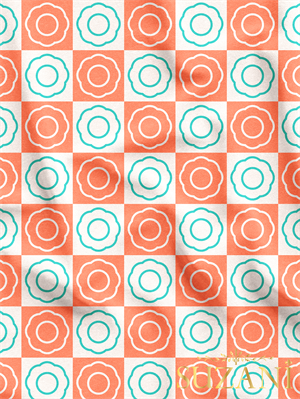 Vintage Somon Renkli Çiçek Damalı Desenli Dijital Baskılı Kumaş