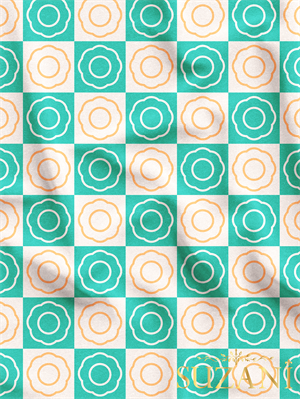 Vintage Turkuaz Renk Çiçek Damalı Desenli Dijital Baskılı Kumaş