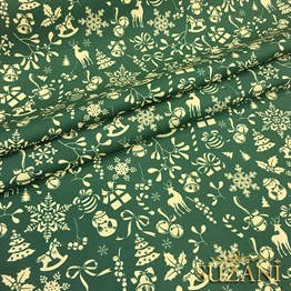 Yeşil Küçük Figürlü Yılbaşı Desenli Kumaş