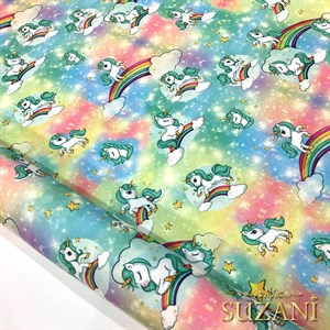 Yeşil Unicorn Desenli Dijital Baskılı Kumaş