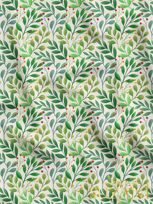 Yeşil Yaprak Desenli Dijital Baskılı Kumaş