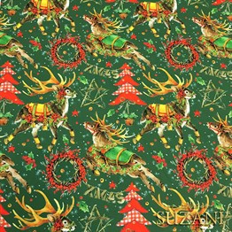 Yeşil Zemin Geyikli Yılbaşı Desenli Kumaş