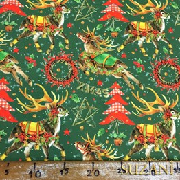 Yeşil Zemin Geyikli Yılbaşı Desenli Kumaş